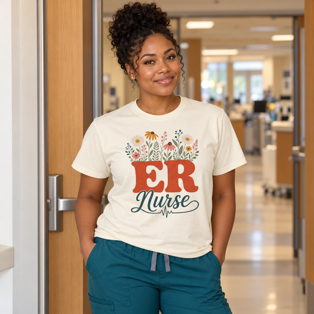 ER nurse wearing an Ivory wildflower ER Nurse tee and teal scrub trousers in a tidy hospital staff entrance