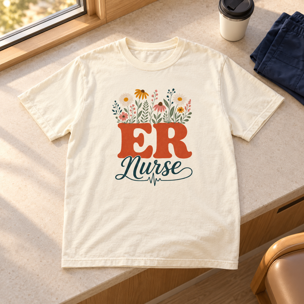 Ivory wildflower ER Nurse tee laid flat on a warm stone hospital staff-lounge bench