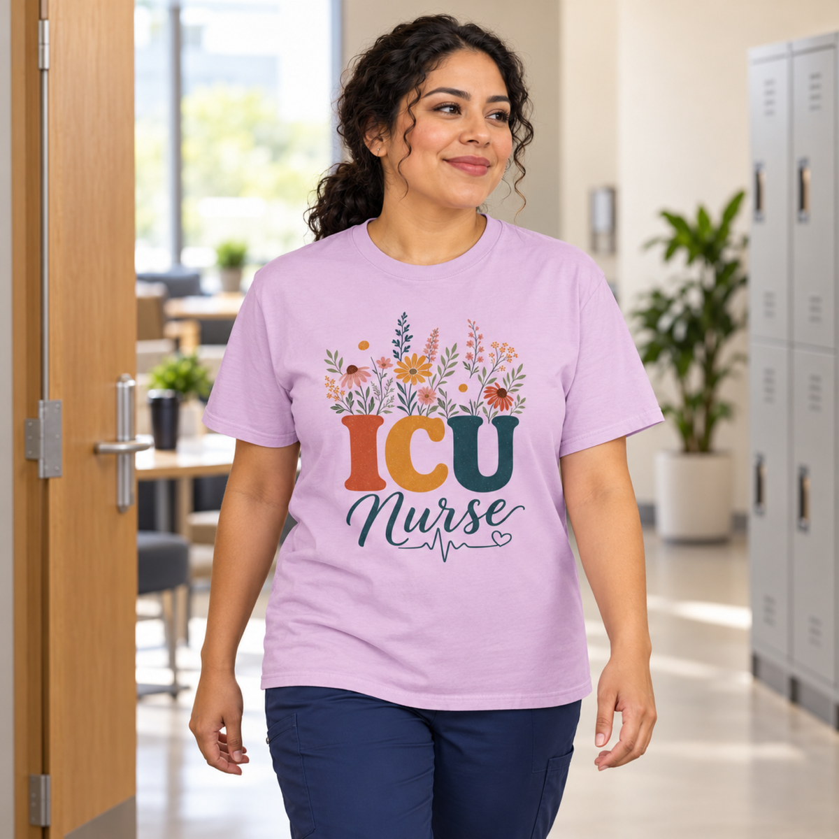 ICU nurse wearing an Orchid purple wildflower tee and navy scrub trousers in a warm hospital staff lounge