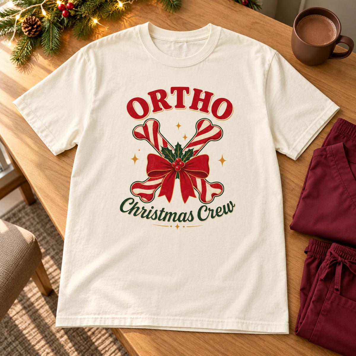 Ivory Ortho Christmas Crew tee flat lay with evergreen, warm lights and burgundy scrubs in a cozy hospital staff lounge