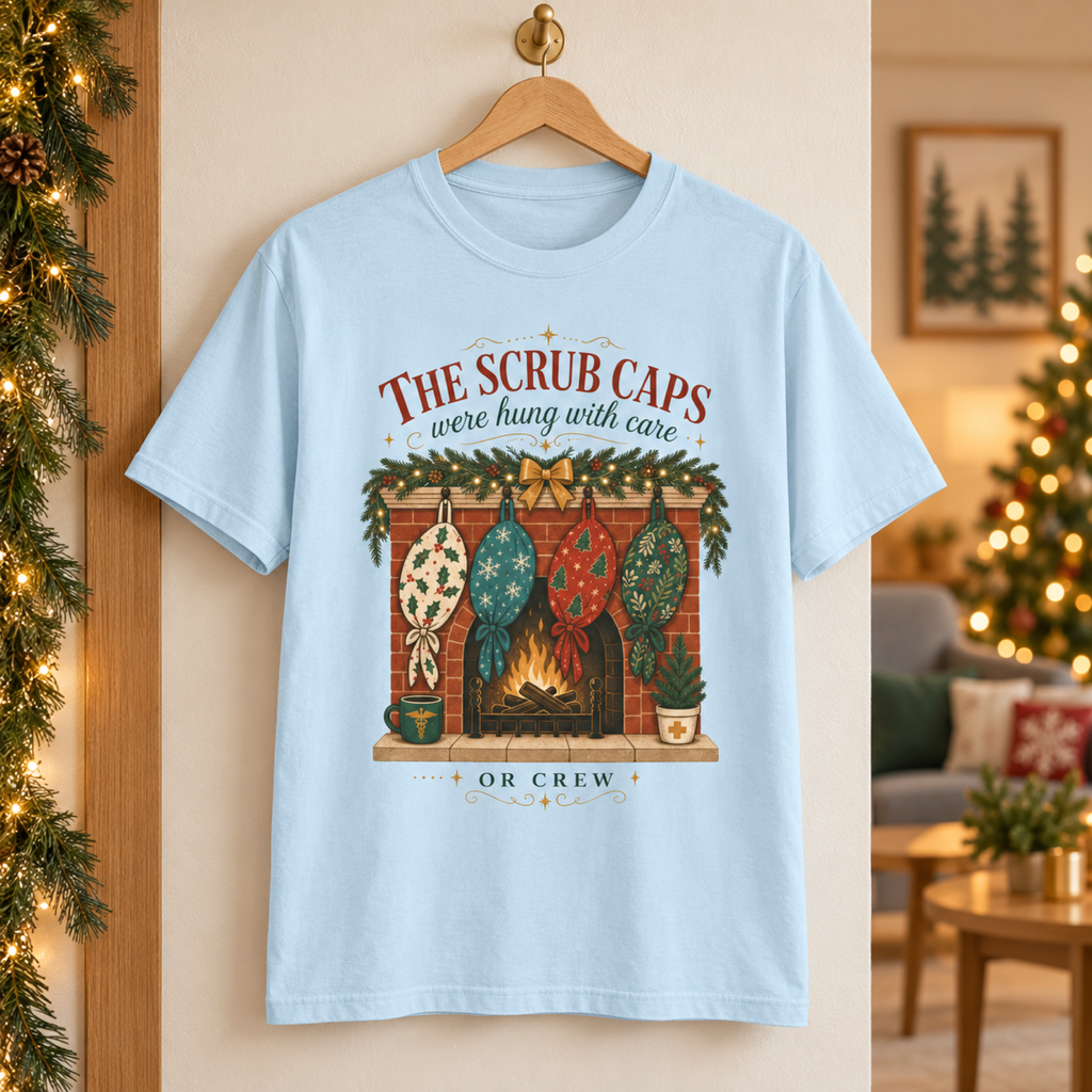 Chambray scrub-cap Christmas tee on a hanger in a warm holiday hospital staff lounge