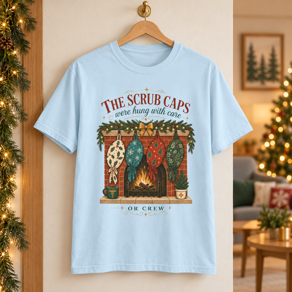Chambray scrub-cap Christmas tee on a hanger in a warm holiday hospital staff lounge