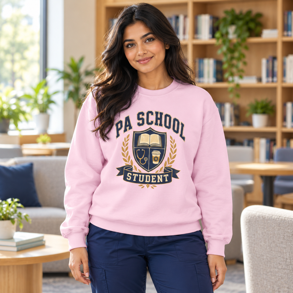 PA student in a Light Pink PA School crest sweatshirt with navy scrub trousers in a warm study lounge