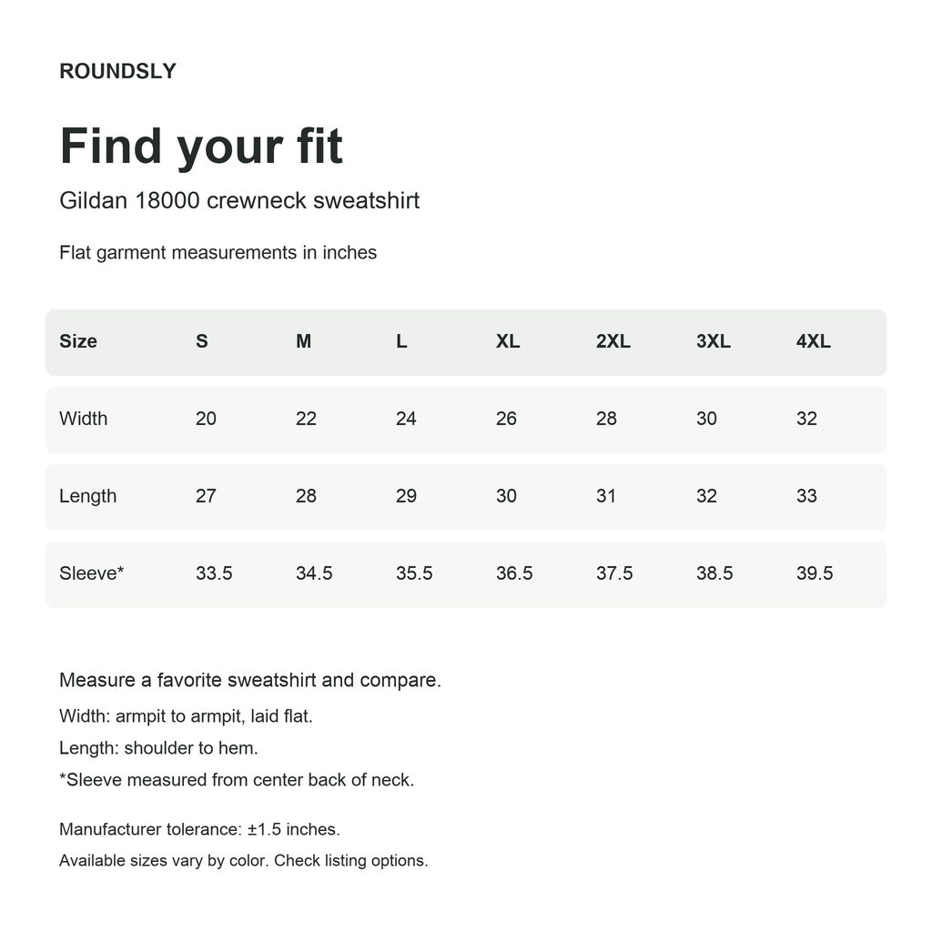 Gildan 18000 sweatshirt size chart, sizes S through 4XL, measurements in inches