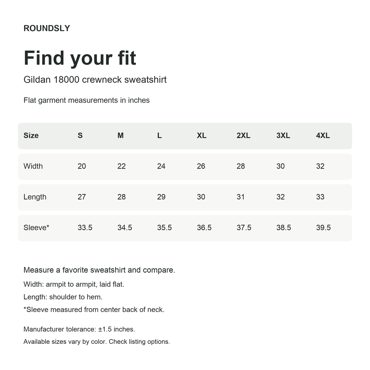 Gildan 18000 sweatshirt size chart, sizes S through 4XL, measurements in inches