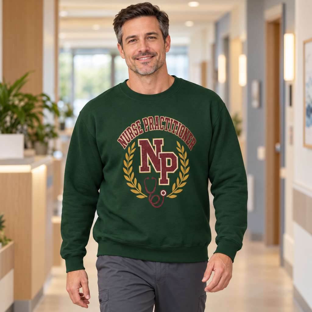 Healthcare professional wearing Forest Green Nurse Practitioner NP sweatshirt with scrub trousers