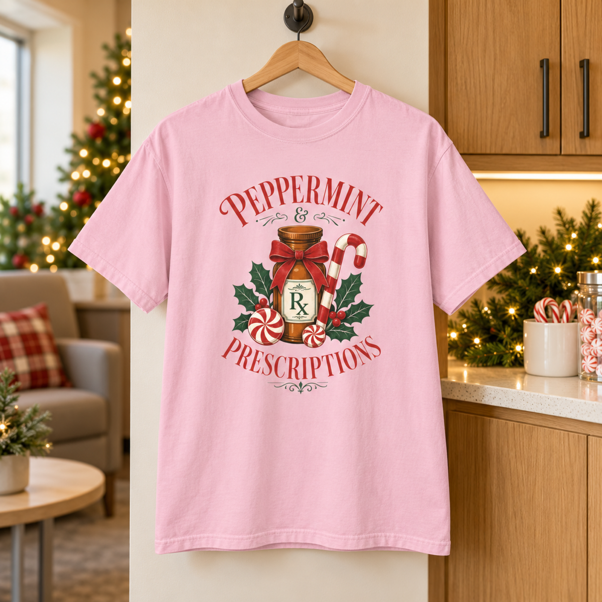 Blossom Peppermint and Prescriptions Christmas tee on a hanger in a warm festive clinical staff lounge