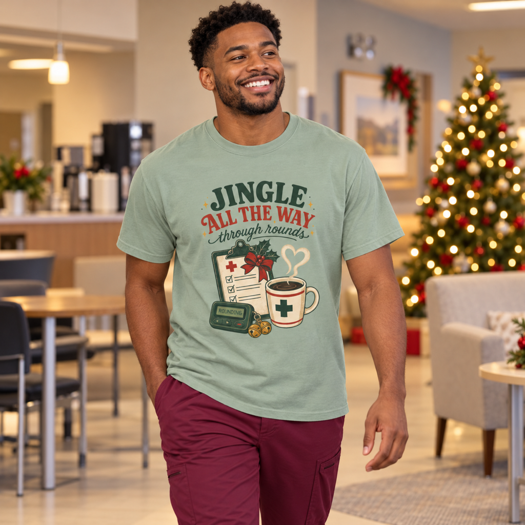 Healthcare professional wearing Bay green Jingle All the Way Through Rounds tee with burgundy scrub trousers in a holiday staff lounge