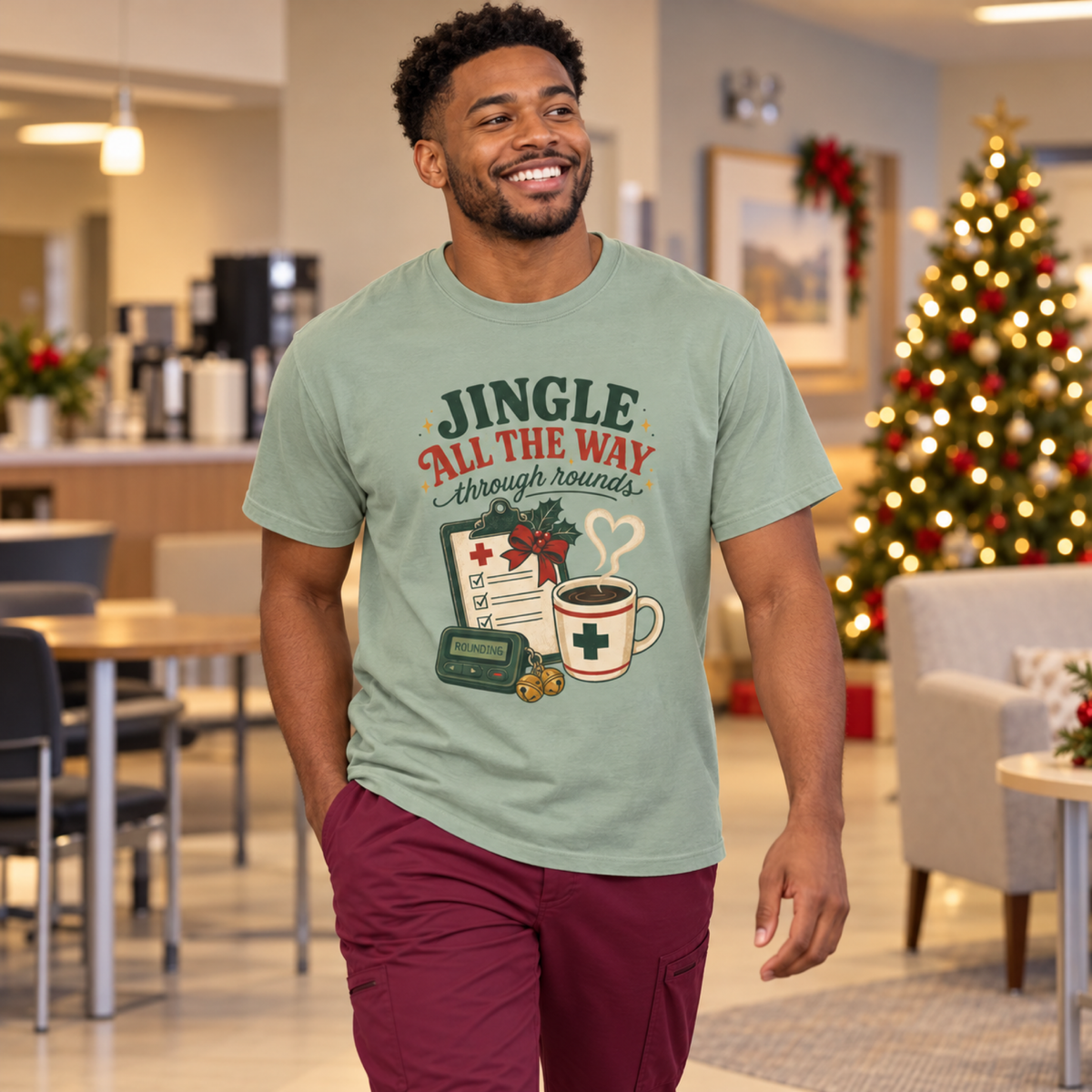 Healthcare professional wearing Bay green Jingle All the Way Through Rounds tee with burgundy scrub trousers in a holiday staff lounge