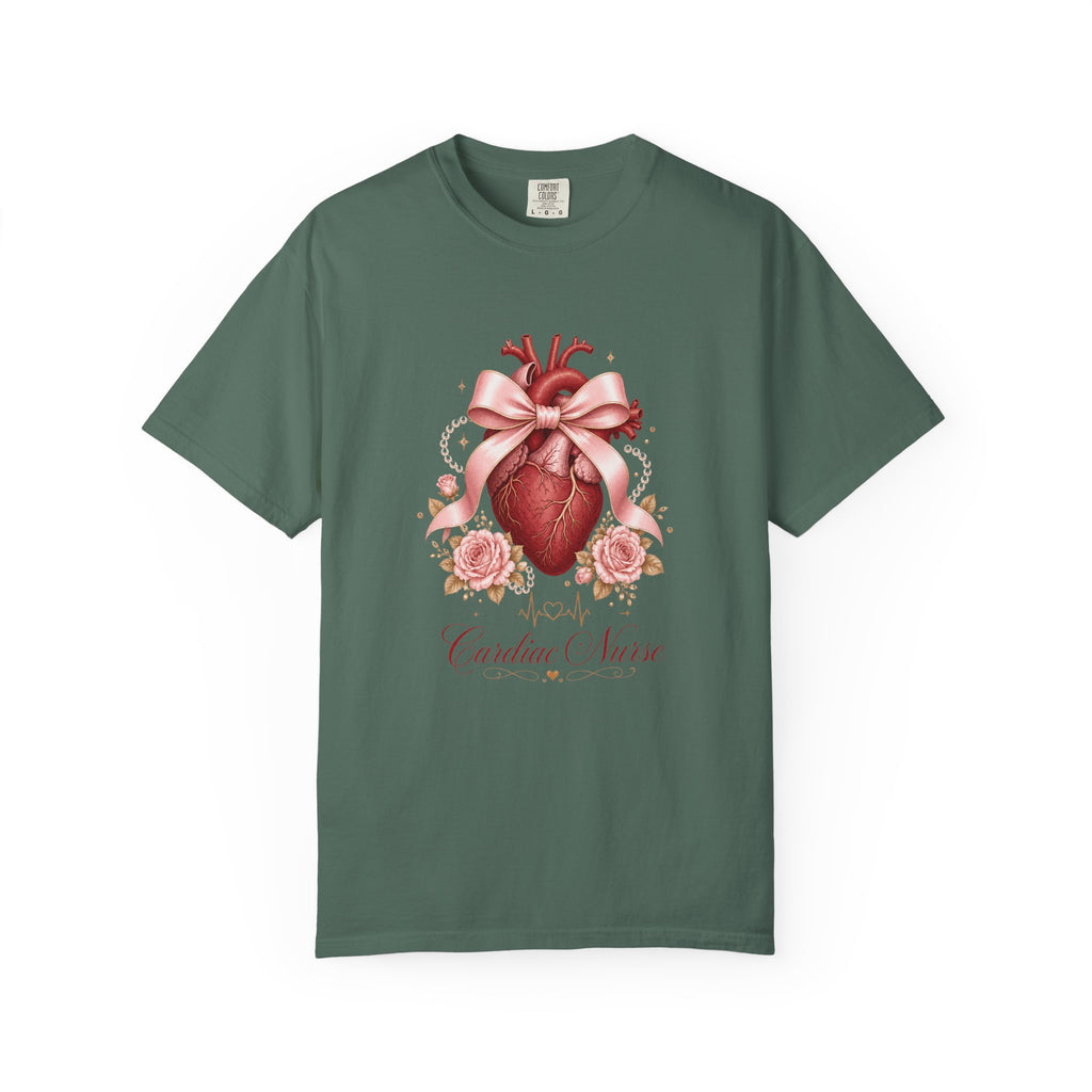 Cardiac Nurse anatomical heart, pink bow and roses Comfort Colors 1717 tee in Blue Spruce