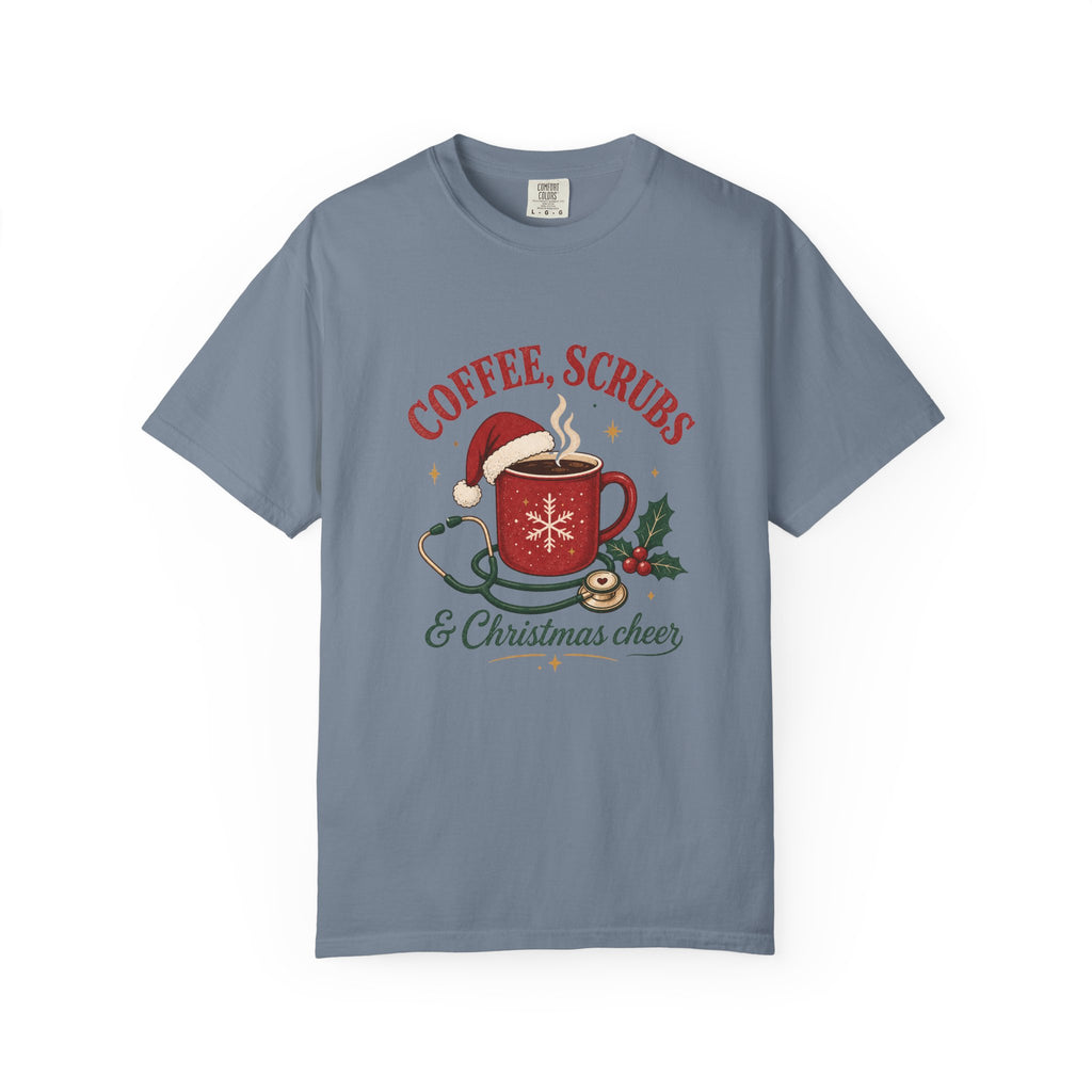 Coffee Scrubs and Christmas Cheer printed Comfort Colors 1717 tee in Blue Jean