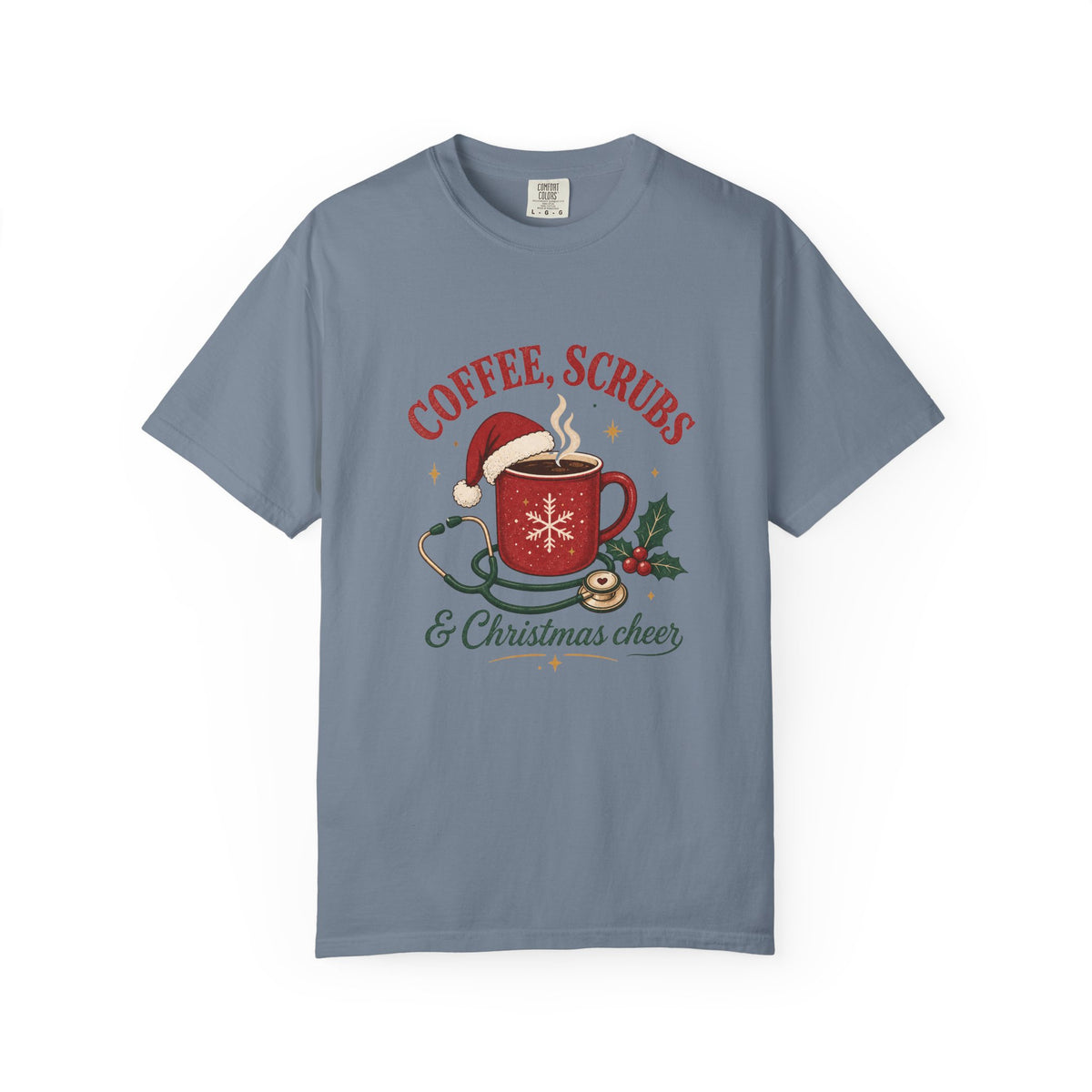 Coffee Scrubs and Christmas Cheer printed Comfort Colors 1717 tee in Blue Jean