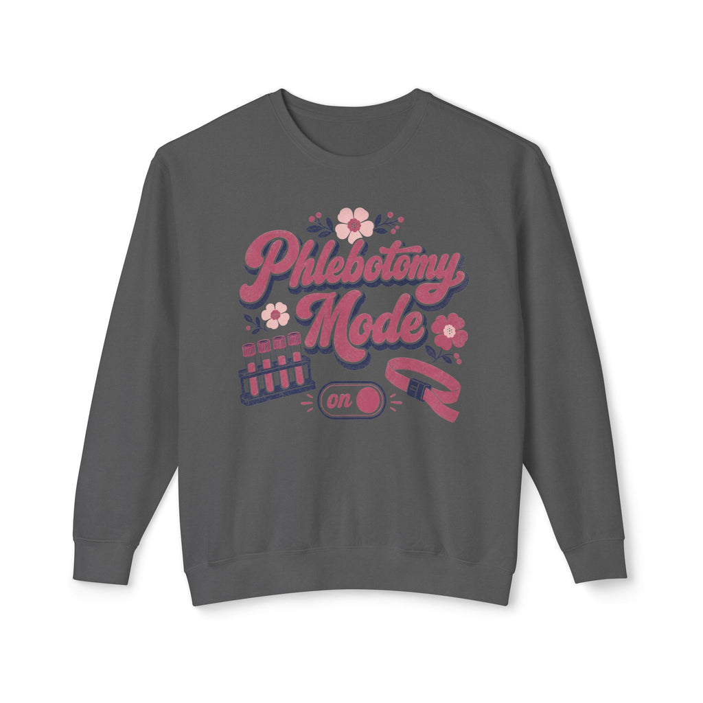 Phlebotomy Mode On Comfort Colors sweatshirt in Pepper, front view on white