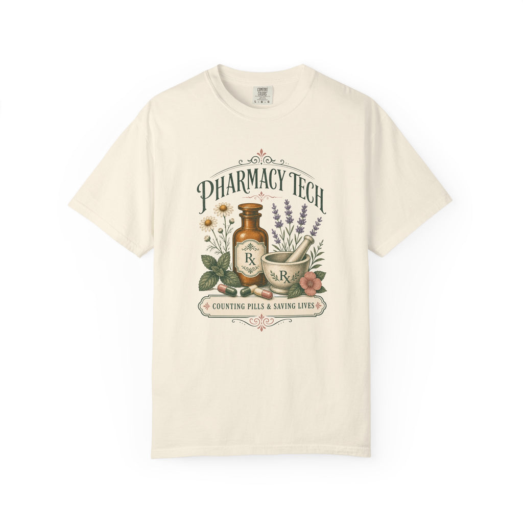 Pharmacy Tech Counting Pills and Saving Lives botanical Comfort Colors 1717 tee in Ivory