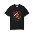 Coffee Scrubs and Christmas Cheer printed Comfort Colors 1717 tee in Black