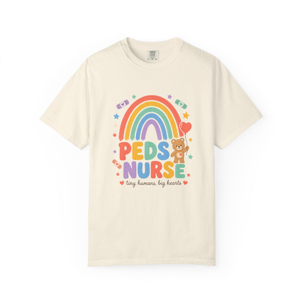 Peds Nurse Shirt, Tiny Humans Big Hearts Comfort Colors Tee in Ivory