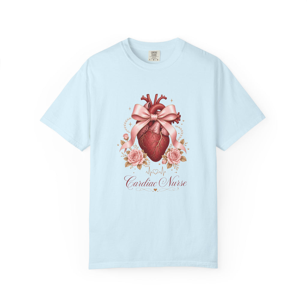 Cardiac Nurse anatomical heart, pink bow and roses Comfort Colors 1717 tee in Chambray