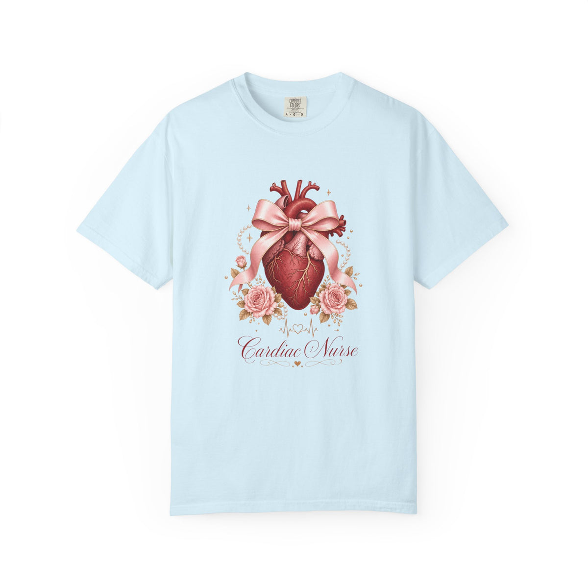 Cardiac Nurse anatomical heart, pink bow and roses Comfort Colors 1717 tee in Chambray