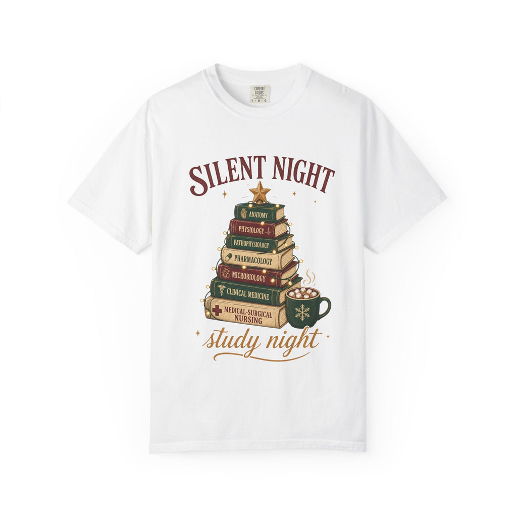 Silent Night Study Night medical textbook Christmas tree Comfort Colors 1717 tee in White