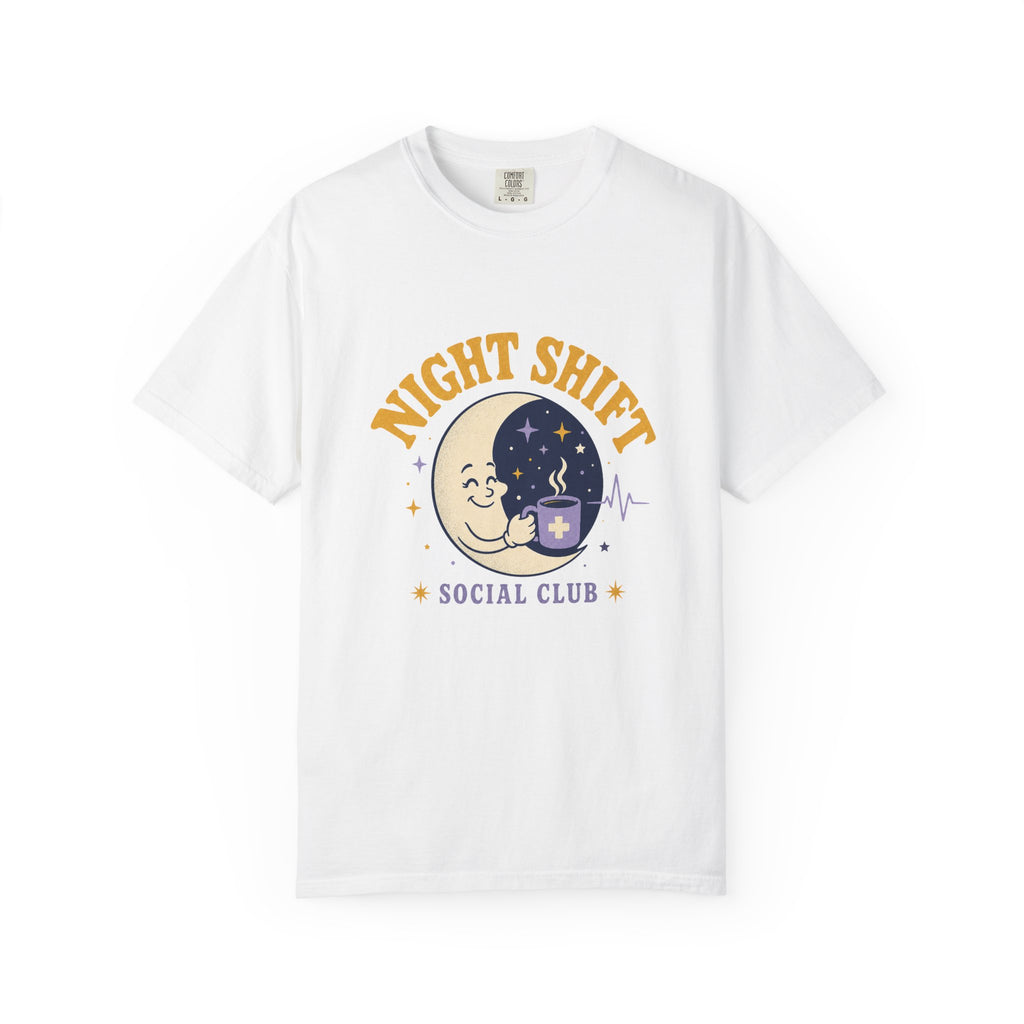 Night Shift Social Club moon and coffee Comfort Colors 1717 tee in White
