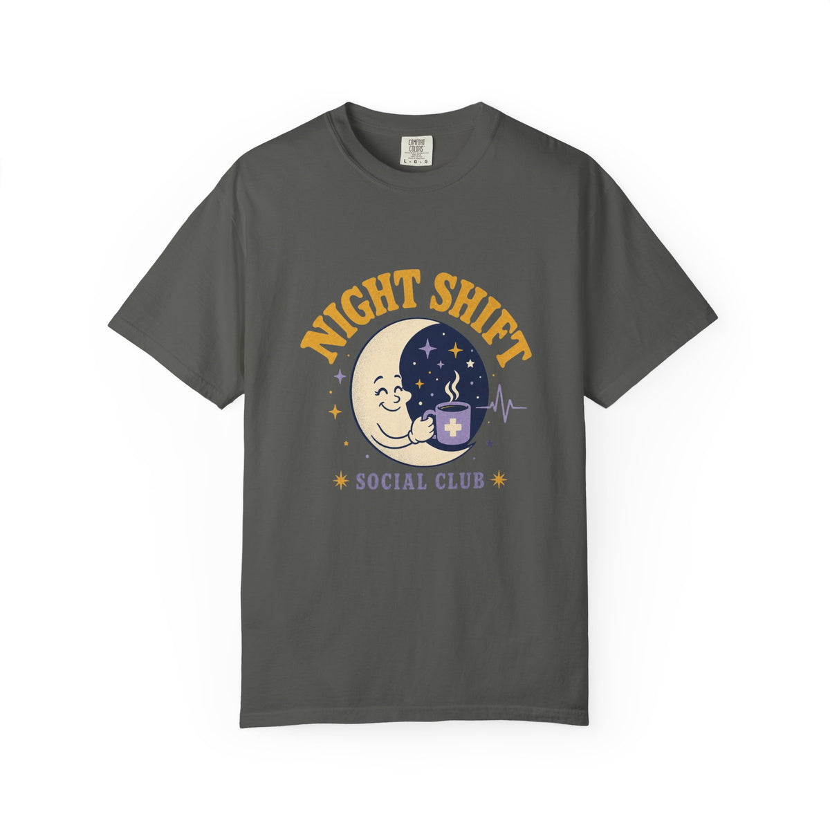 Night Shift Social Club moon and coffee Comfort Colors 1717 tee in Pepper