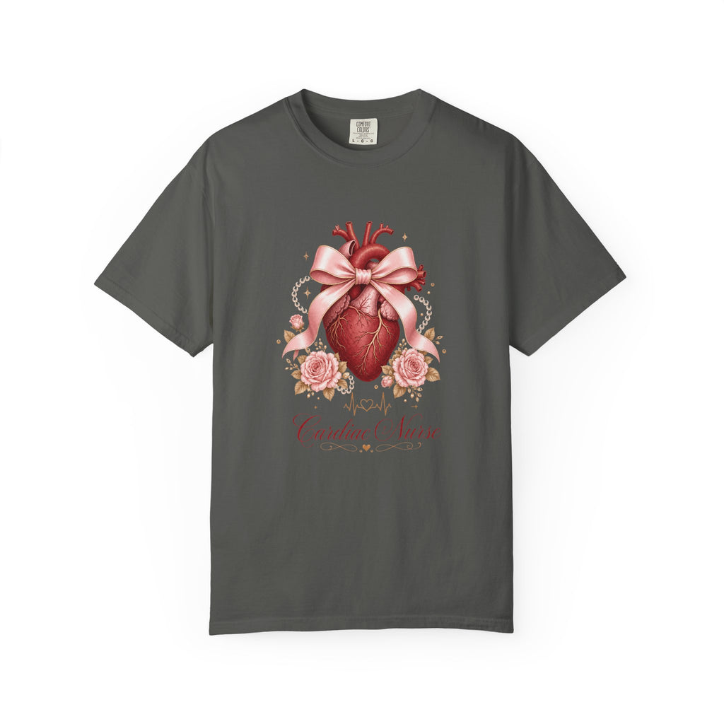 Cardiac Nurse anatomical heart, pink bow and roses Comfort Colors 1717 tee in Pepper
