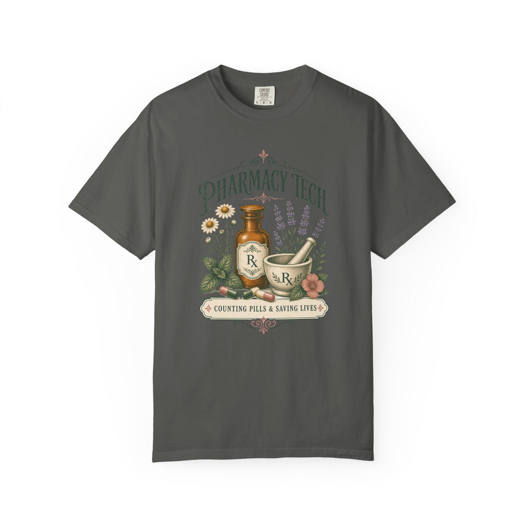 Pharmacy Tech Counting Pills and Saving Lives botanical Comfort Colors 1717 tee in Pepper