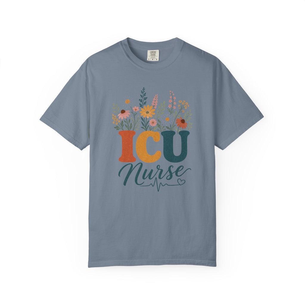Wildflower ICU Nurse Comfort Colors 1717 tee in Blue Jean