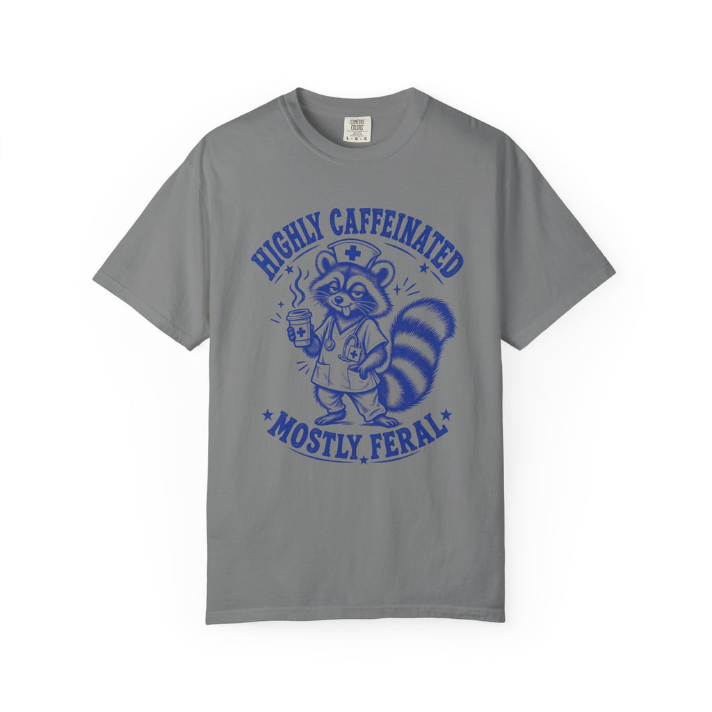 Highly Caffeinated Mostly Feral Raccoon Shirt in Grey