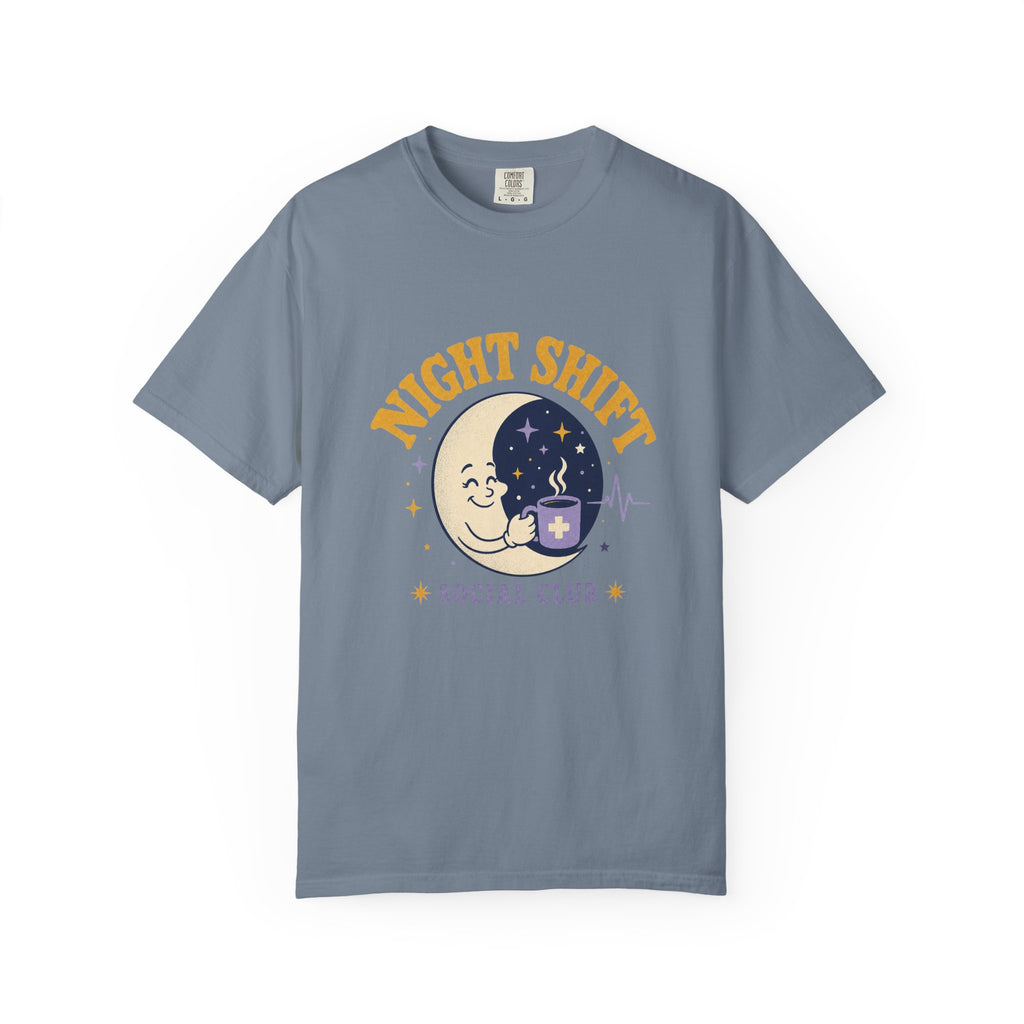 Night Shift Social Club moon and coffee Comfort Colors 1717 tee in Blue Jean
