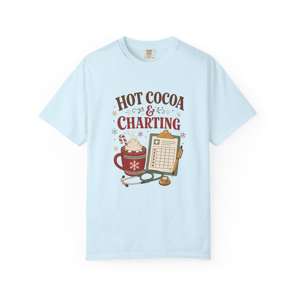 Hot Cocoa and Charting printed Comfort Colors 1717 Christmas tee in Chambray
