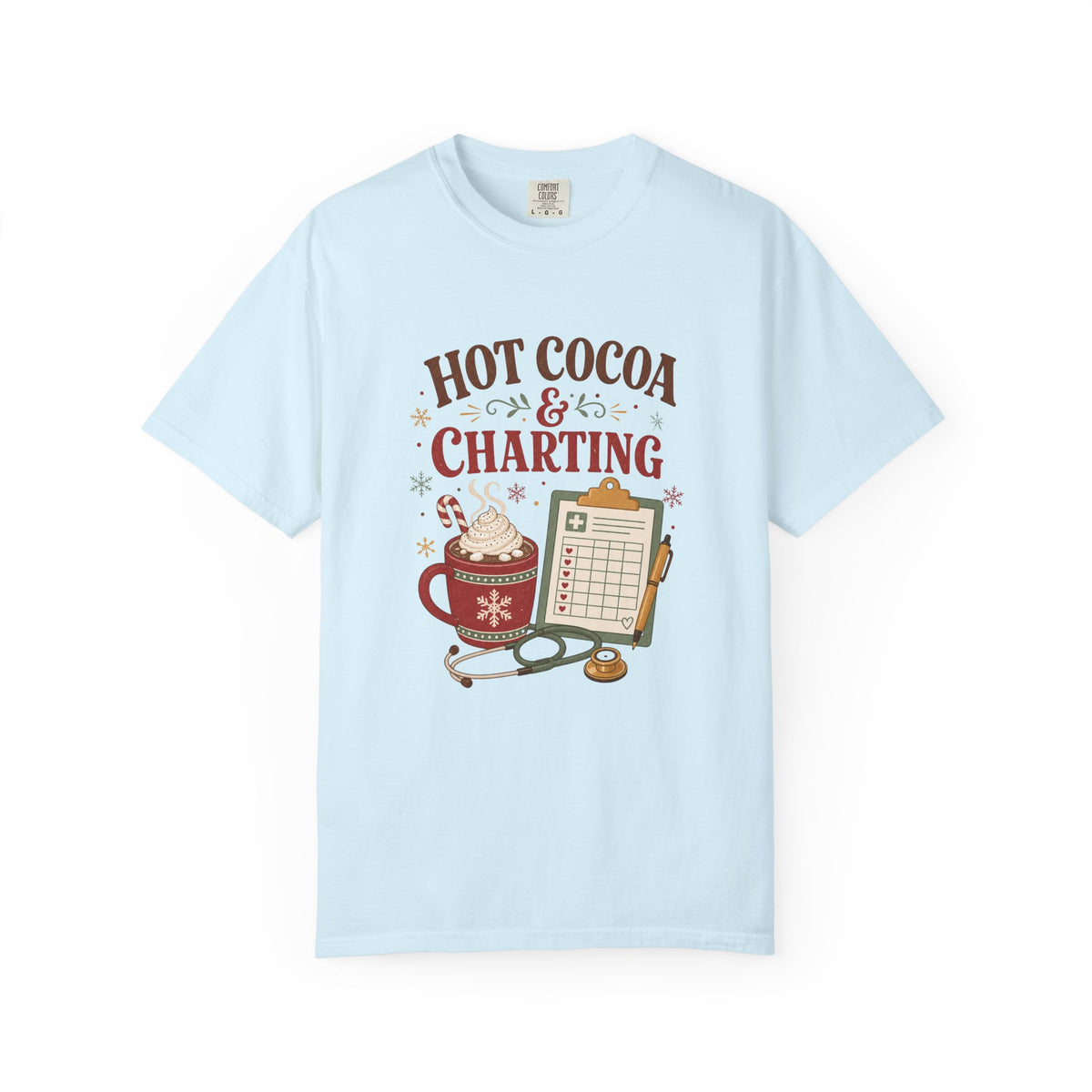Hot Cocoa and Charting printed Comfort Colors 1717 Christmas tee in Chambray