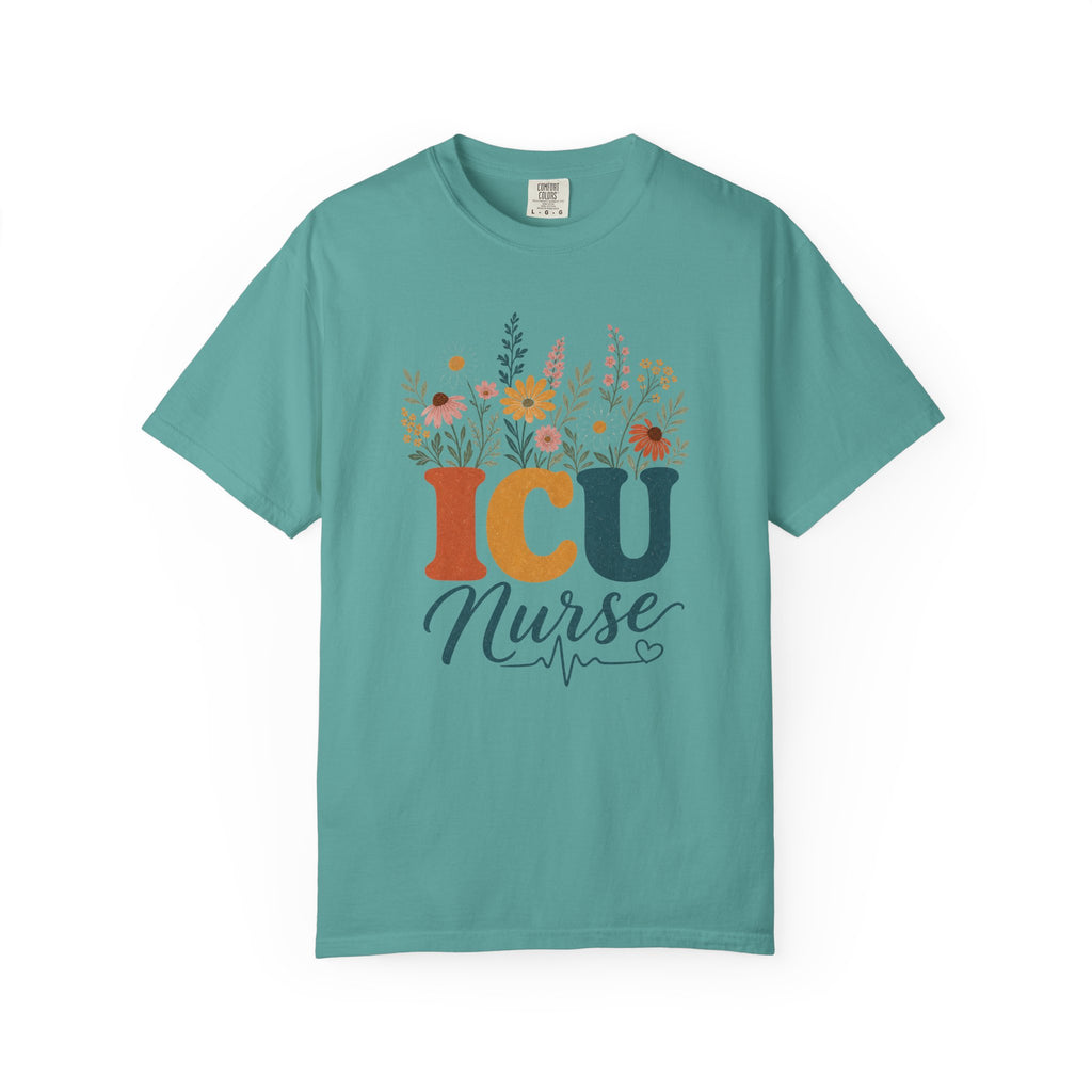 Wildflower ICU Nurse Comfort Colors 1717 tee in Seafoam