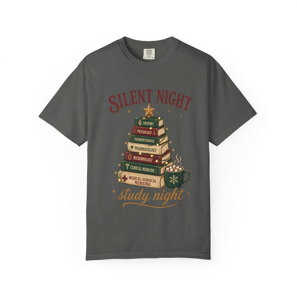 Silent Night Study Night medical textbook Christmas tree Comfort Colors 1717 tee in Pepper