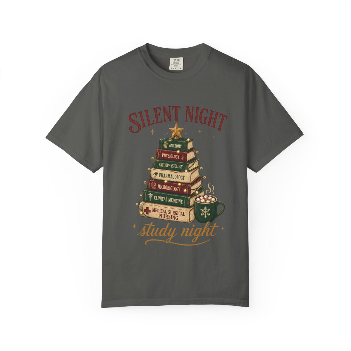Silent Night Study Night medical textbook Christmas tree Comfort Colors 1717 tee in Pepper