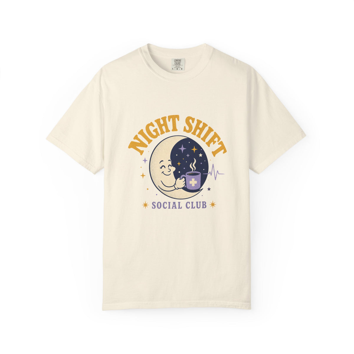 Night Shift Social Club moon and coffee Comfort Colors 1717 tee in Ivory