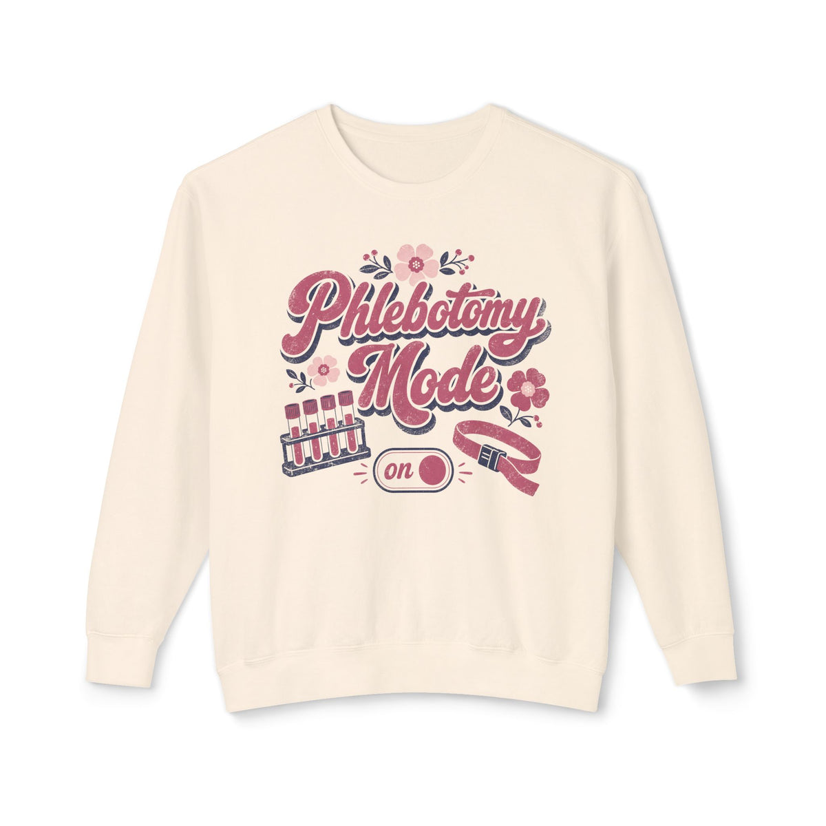 Phlebotomy Mode On Comfort Colors sweatshirt in Ivory, front view on white