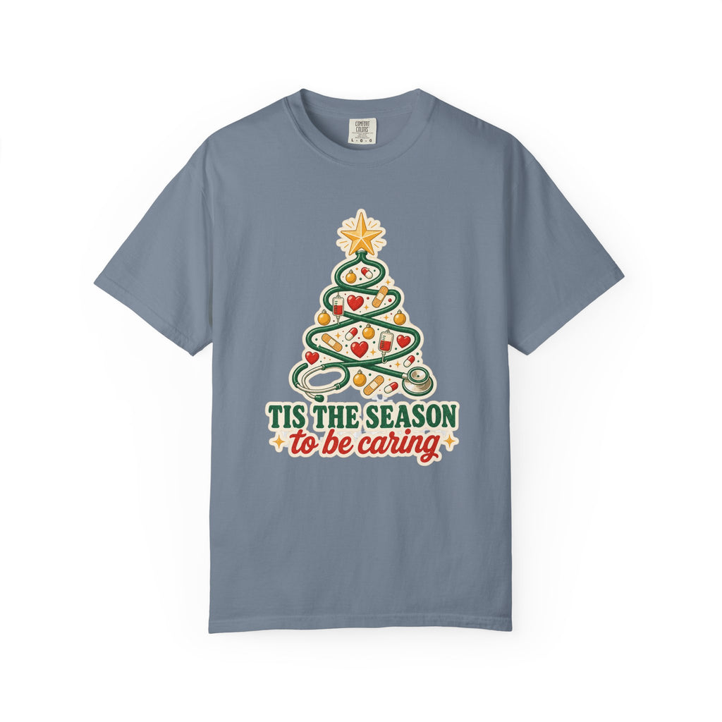Tis the Season to Be Caring stethoscope Christmas tree Comfort Colors 1717 tee in Blue Jean