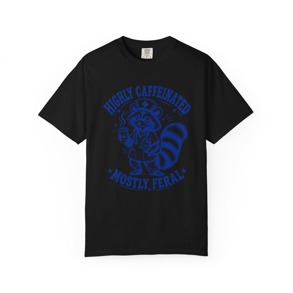Highly Caffeinated Mostly Feral Raccoon Shirt in Black