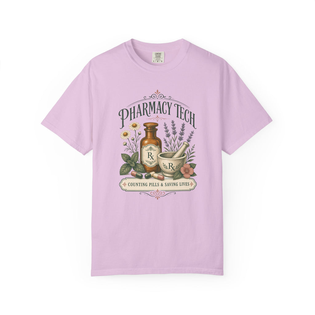Pharmacy Tech Counting Pills and Saving Lives botanical Comfort Colors 1717 tee in Orchid