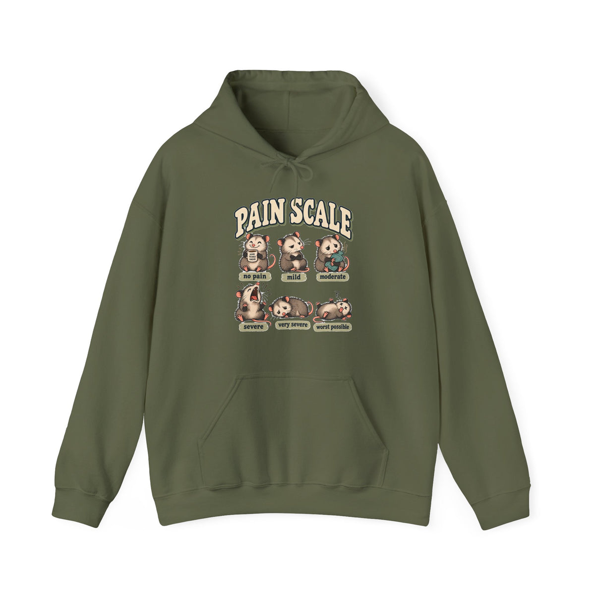 Pain Scale Opossum Hoodie in Military Green