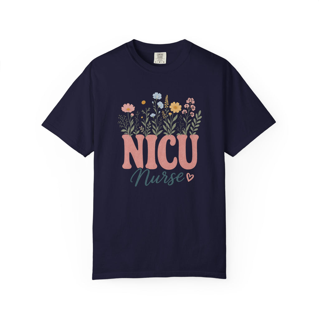 Pastel wildflower NICU Nurse Comfort Colors 1717 tee in True Navy