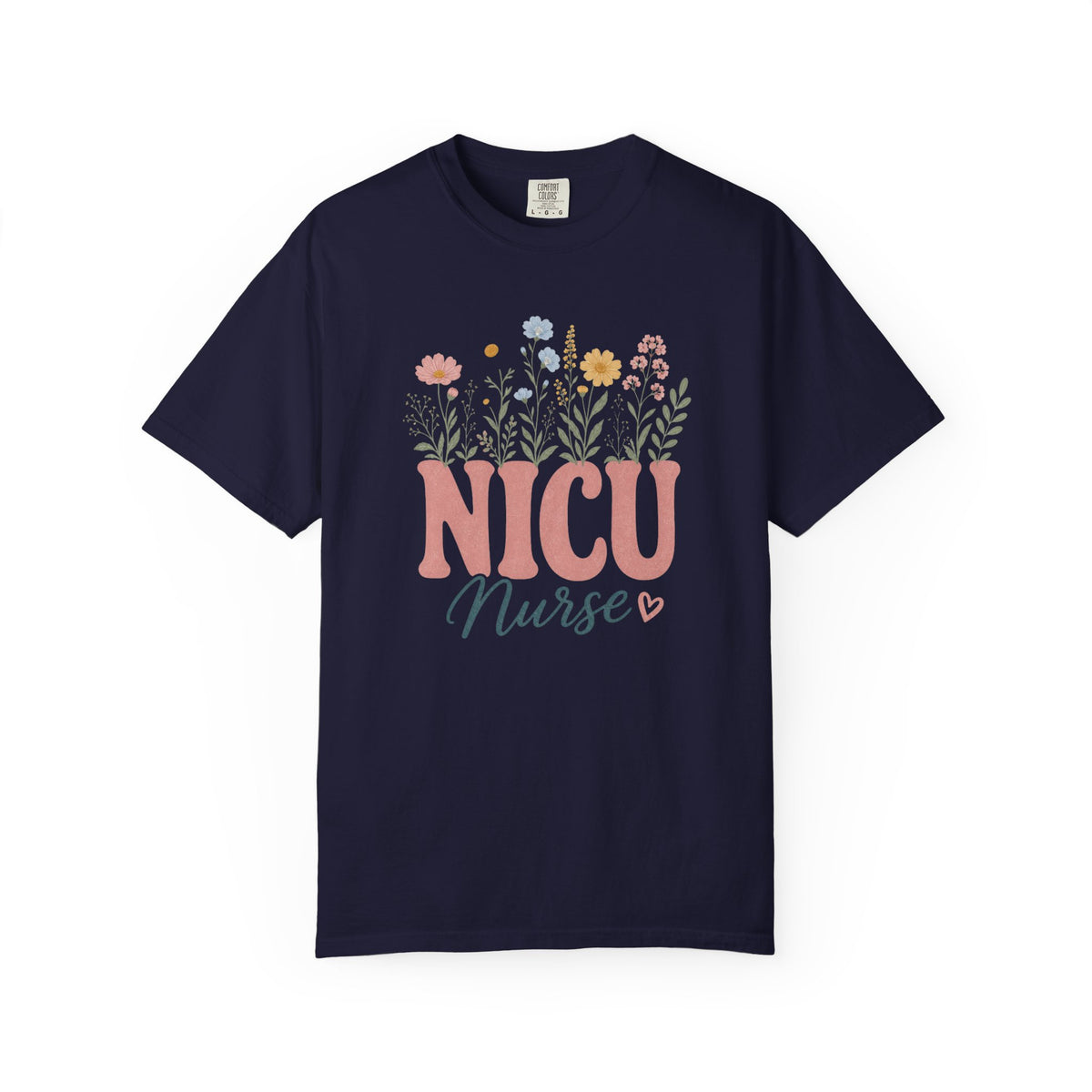 Pastel wildflower NICU Nurse Comfort Colors 1717 tee in True Navy
