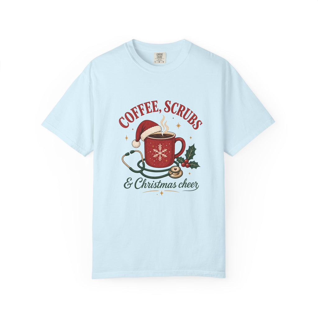 Coffee Scrubs and Christmas Cheer printed Comfort Colors 1717 tee in Chambray