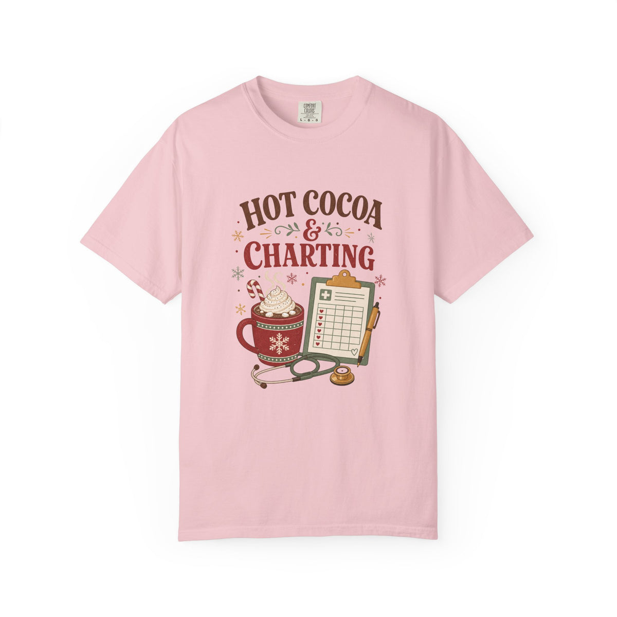 Hot Cocoa and Charting printed Comfort Colors 1717 Christmas tee in Blossom