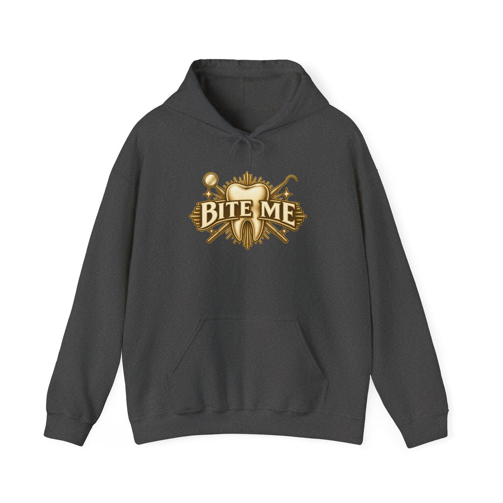 Bite Me Crest Hoodie in Dark Heather