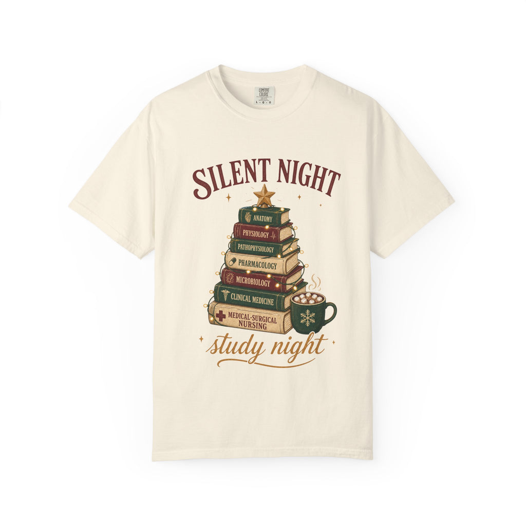 Silent Night Study Night medical textbook Christmas tree Comfort Colors 1717 tee in Ivory