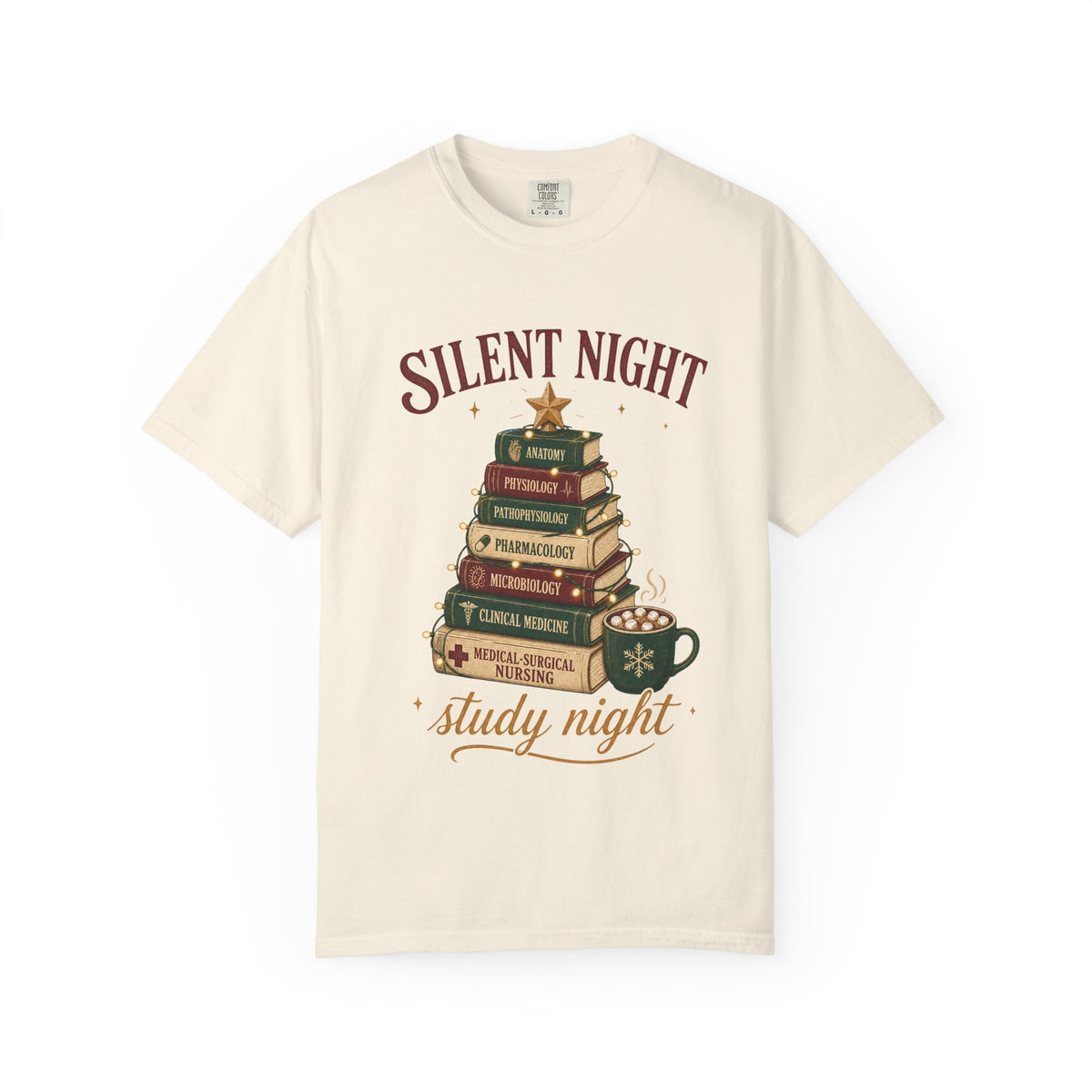 Silent Night Study Night medical textbook Christmas tree Comfort Colors 1717 tee in Ivory