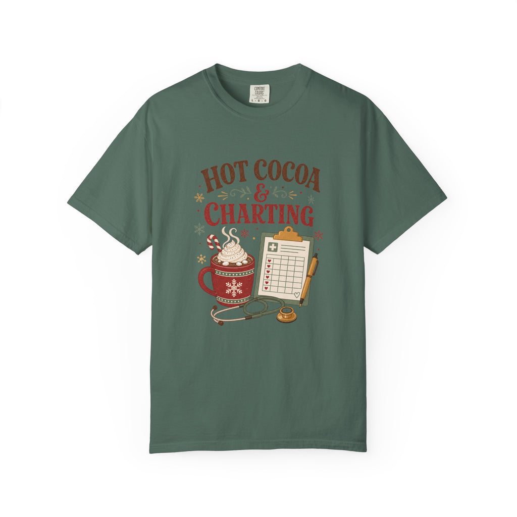 Hot Cocoa and Charting printed Comfort Colors 1717 Christmas tee in Blue Spruce