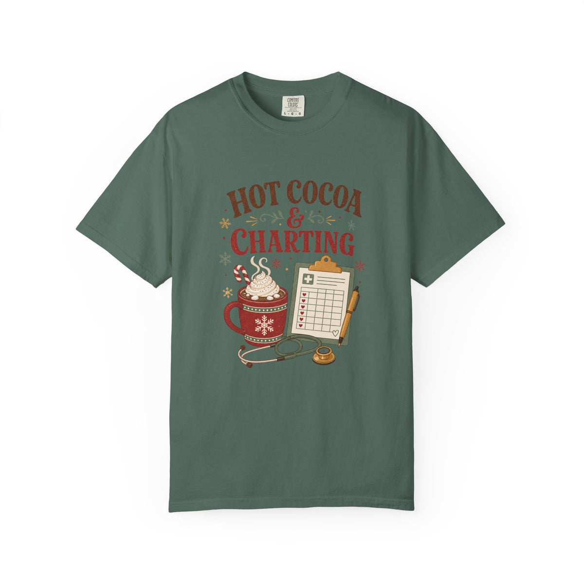 Hot Cocoa and Charting printed Comfort Colors 1717 Christmas tee in Blue Spruce